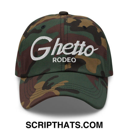 Ghetto Rodeo II Vintage Sports Script Dad Hat Green Camo