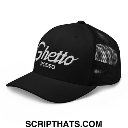 Ghetto Rodeo II Vintage Sports Script Retro Trucker Hat Black