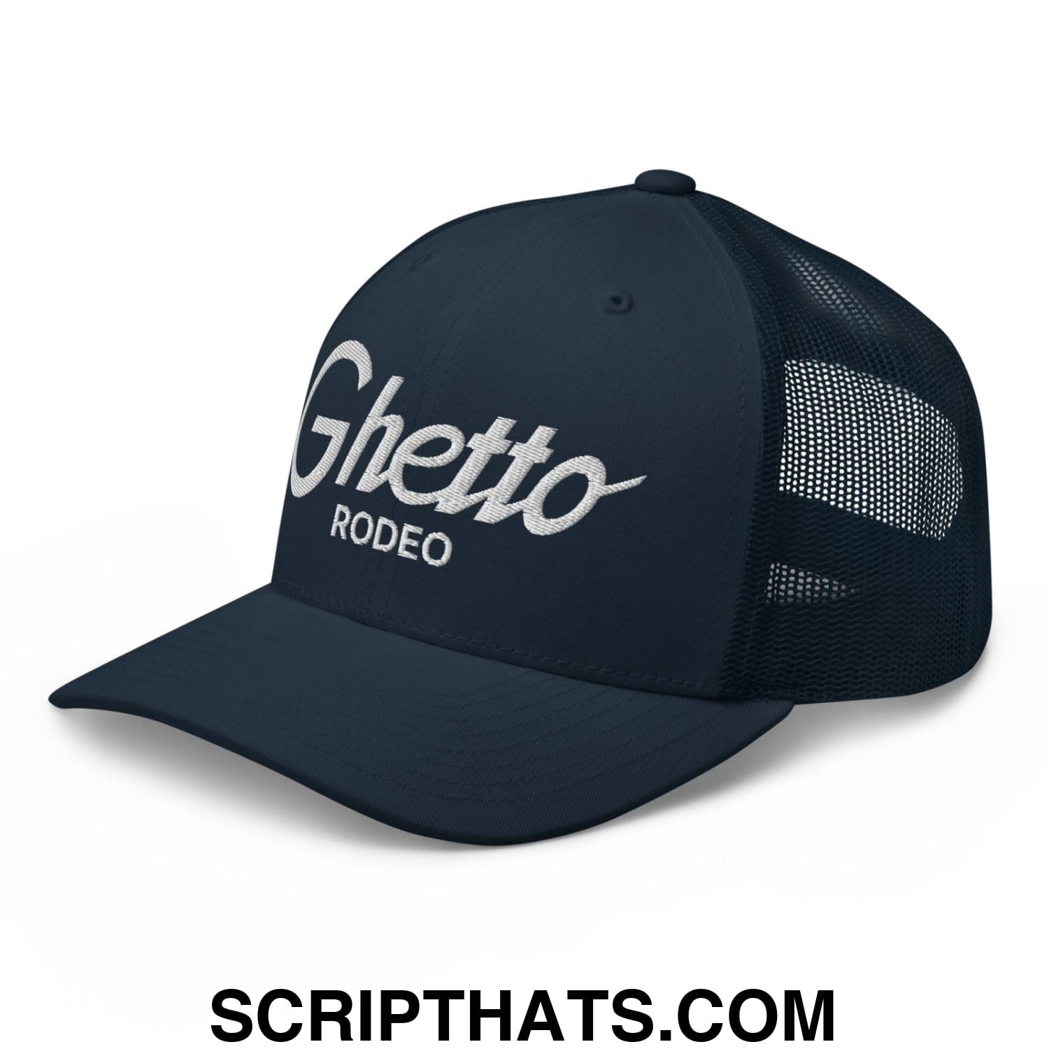 Ghetto Rodeo II Vintage Sports Script Retro Trucker Hat Navy