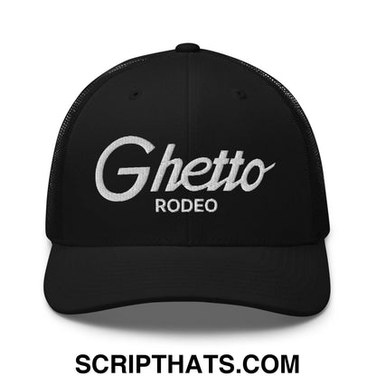 Ghetto Rodeo II Vintage Sports Script Retro Trucker Hat Black