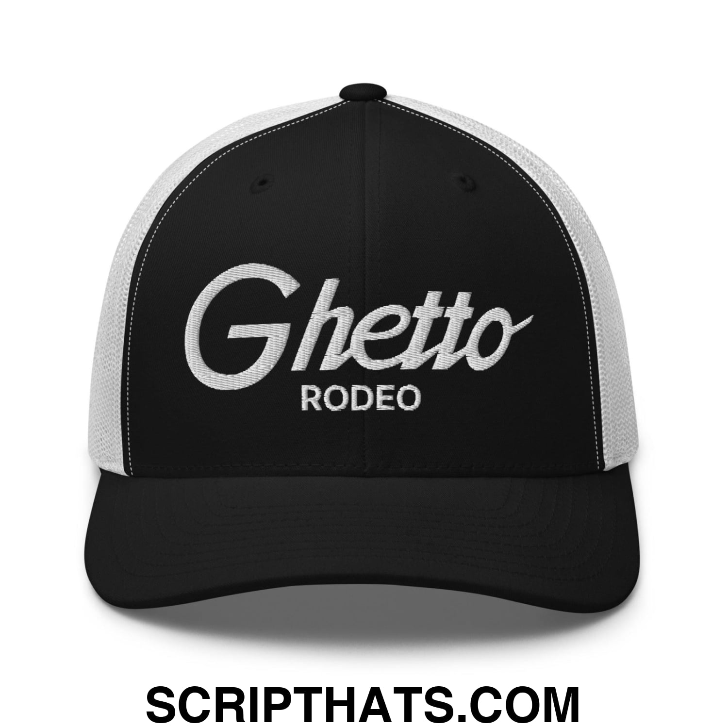 Ghetto Rodeo II Vintage Sports Script Retro Trucker Hat Black White