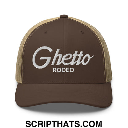 Ghetto Rodeo II Vintage Sports Script Retro Trucker Hat Brown Khaki