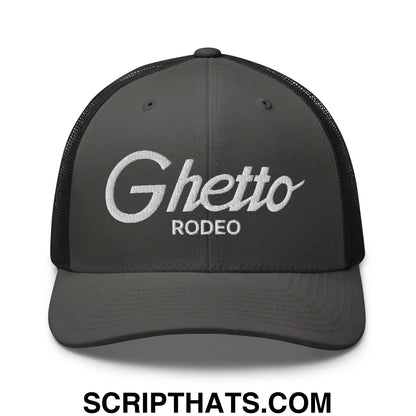 Ghetto Rodeo II Vintage Sports Script Retro Trucker Hat Charcoal Black
