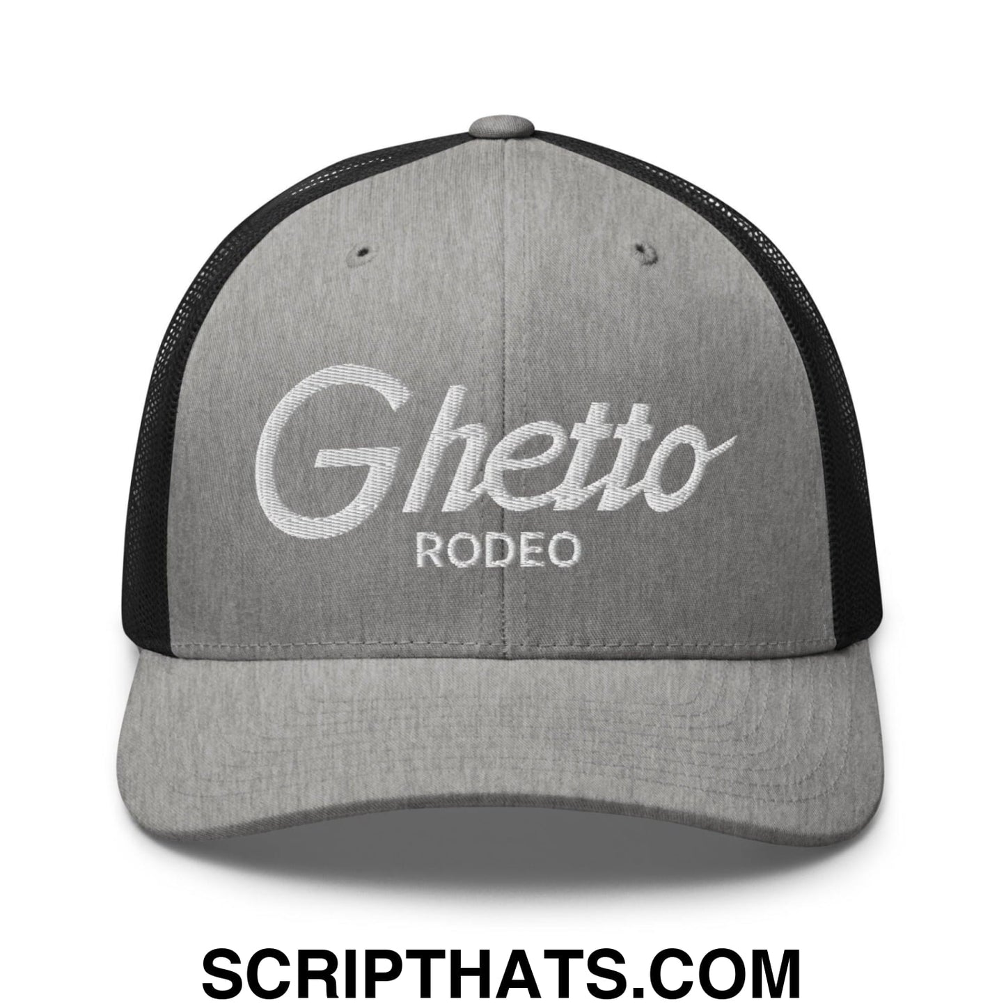 Ghetto Rodeo II Vintage Sports Script Retro Trucker Hat Heather Black