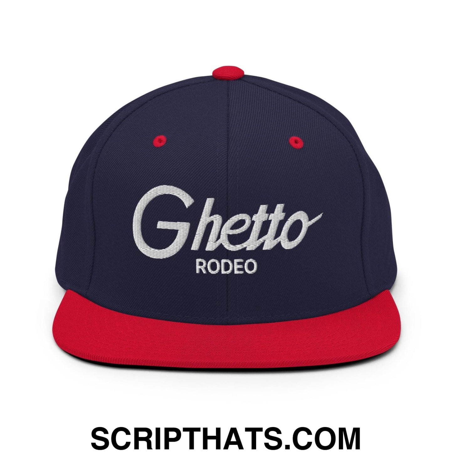 Ghetto Rodeo II Vintage Sports Script Snapback Hat Navy Red