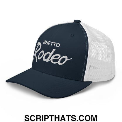 Ghetto Rodeo Vintage Sports Script Retro Trucker Hat Navy White