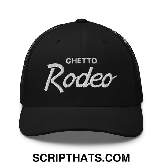 Ghetto Rodeo Vintage Sports Script Retro Trucker Hat Black