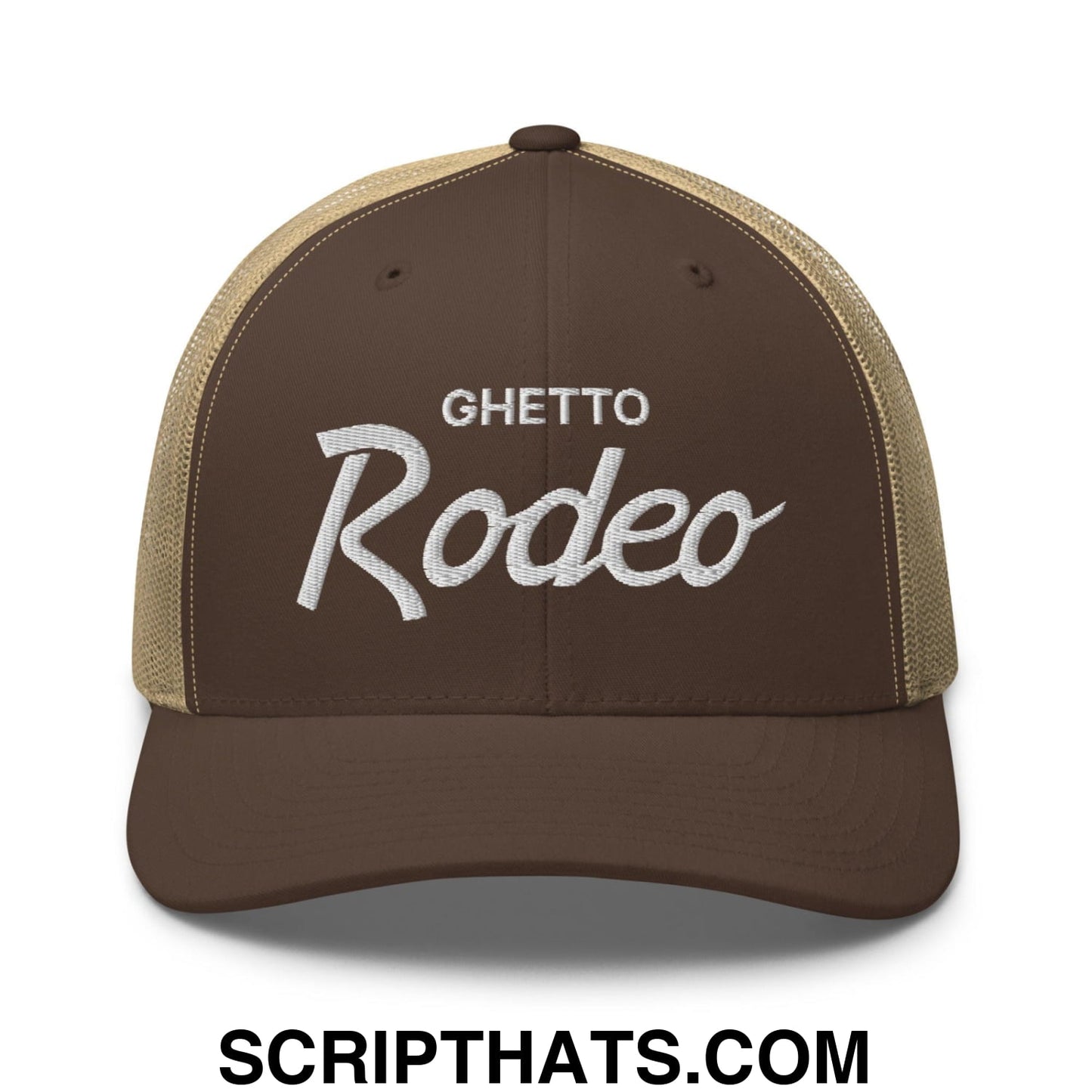 Ghetto Rodeo Vintage Sports Script Retro Trucker Hat Brown Khaki
