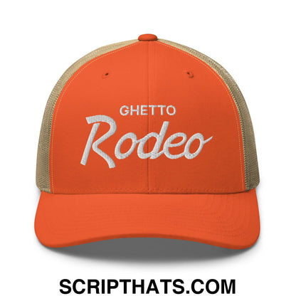 Ghetto Rodeo Vintage Sports Script Retro Trucker Hat Rustic Orange Khaki