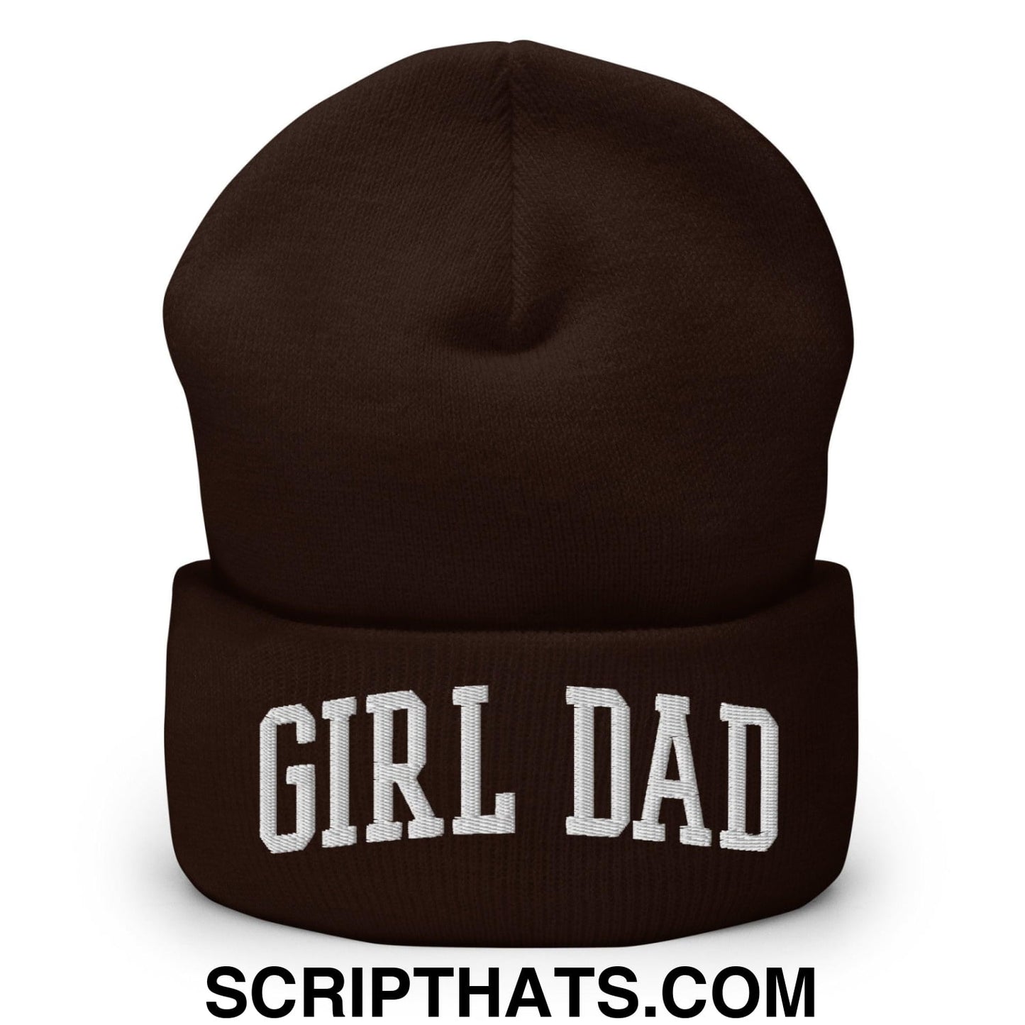 Girl Dad Varsity Letterman Block Embroidered Knit Cuffed Beanie Brown
