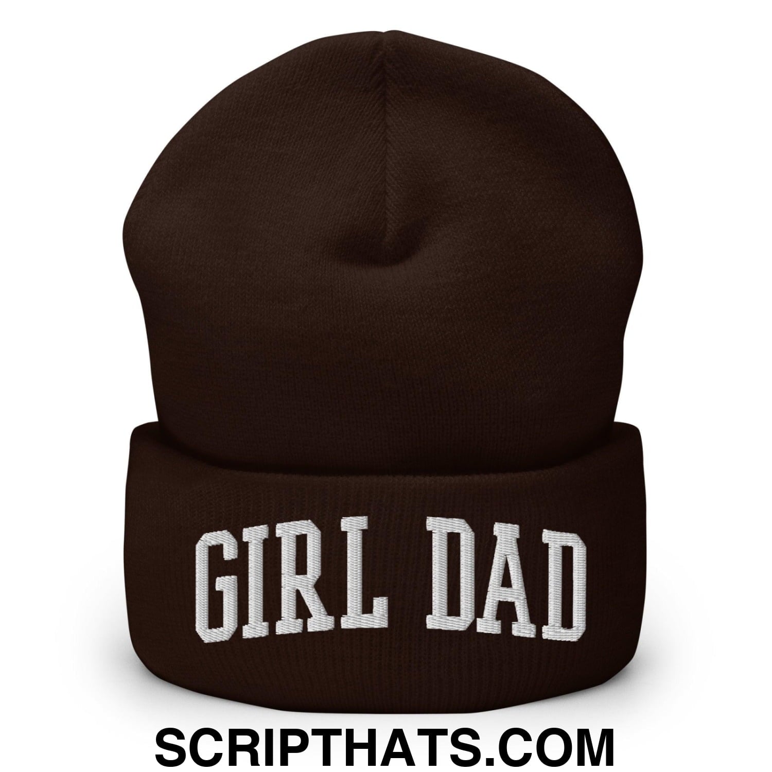 Girl Dad Varsity Letterman Block Embroidered Knit Cuffed Beanie Brown