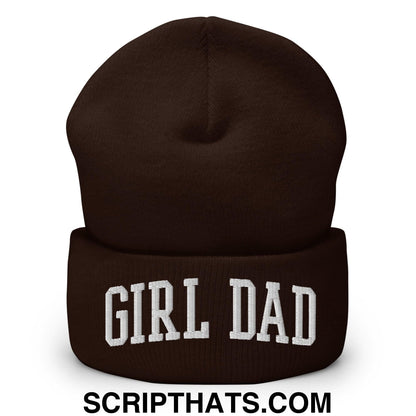Girl Dad Varsity Letterman Block Embroidered Knit Cuffed Beanie Brown