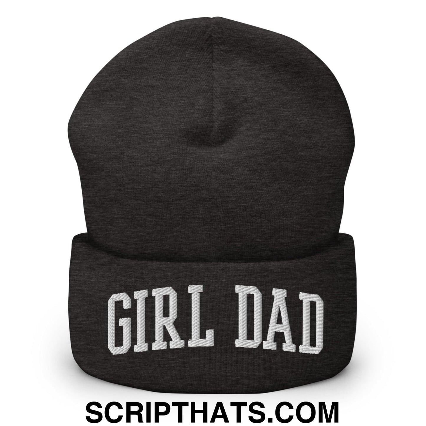 Girl Dad Varsity Letterman Block Embroidered Knit Cuffed Beanie Dark Grey