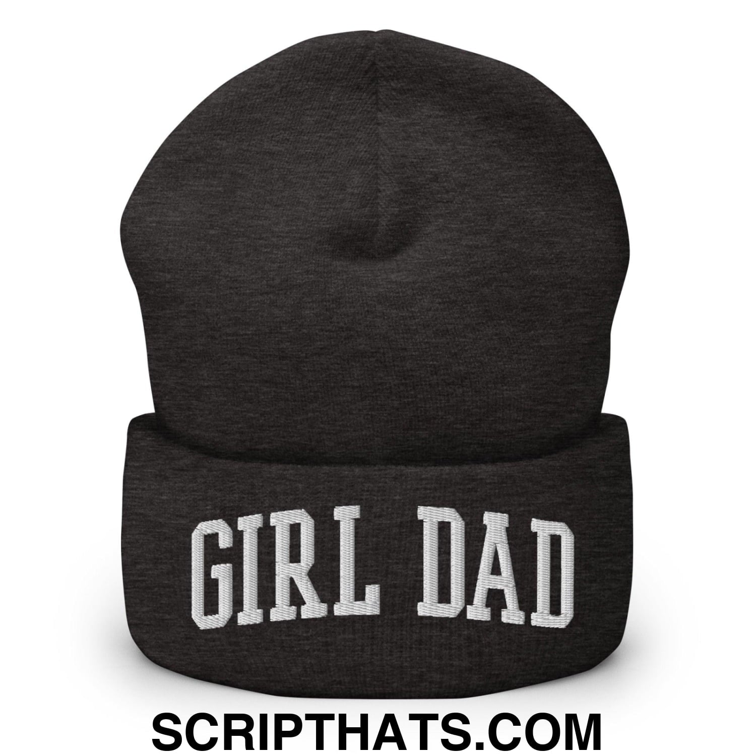 Girl Dad Varsity Letterman Block Embroidered Knit Cuffed Beanie Dark Grey