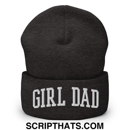 Girl Dad Varsity Letterman Block Embroidered Knit Cuffed Beanie Dark Grey