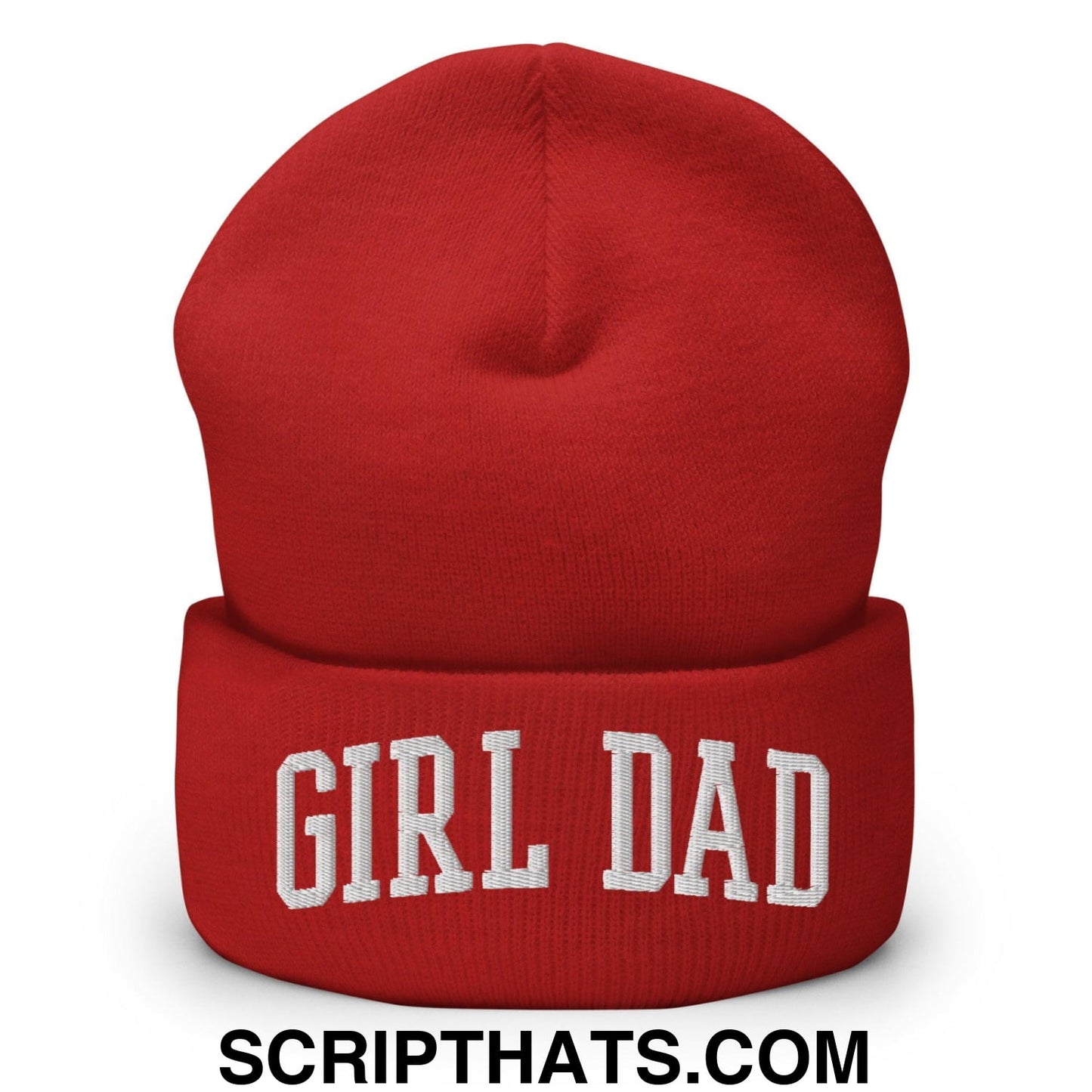 Girl Dad Varsity Letterman Block Embroidered Knit Cuffed Beanie Red