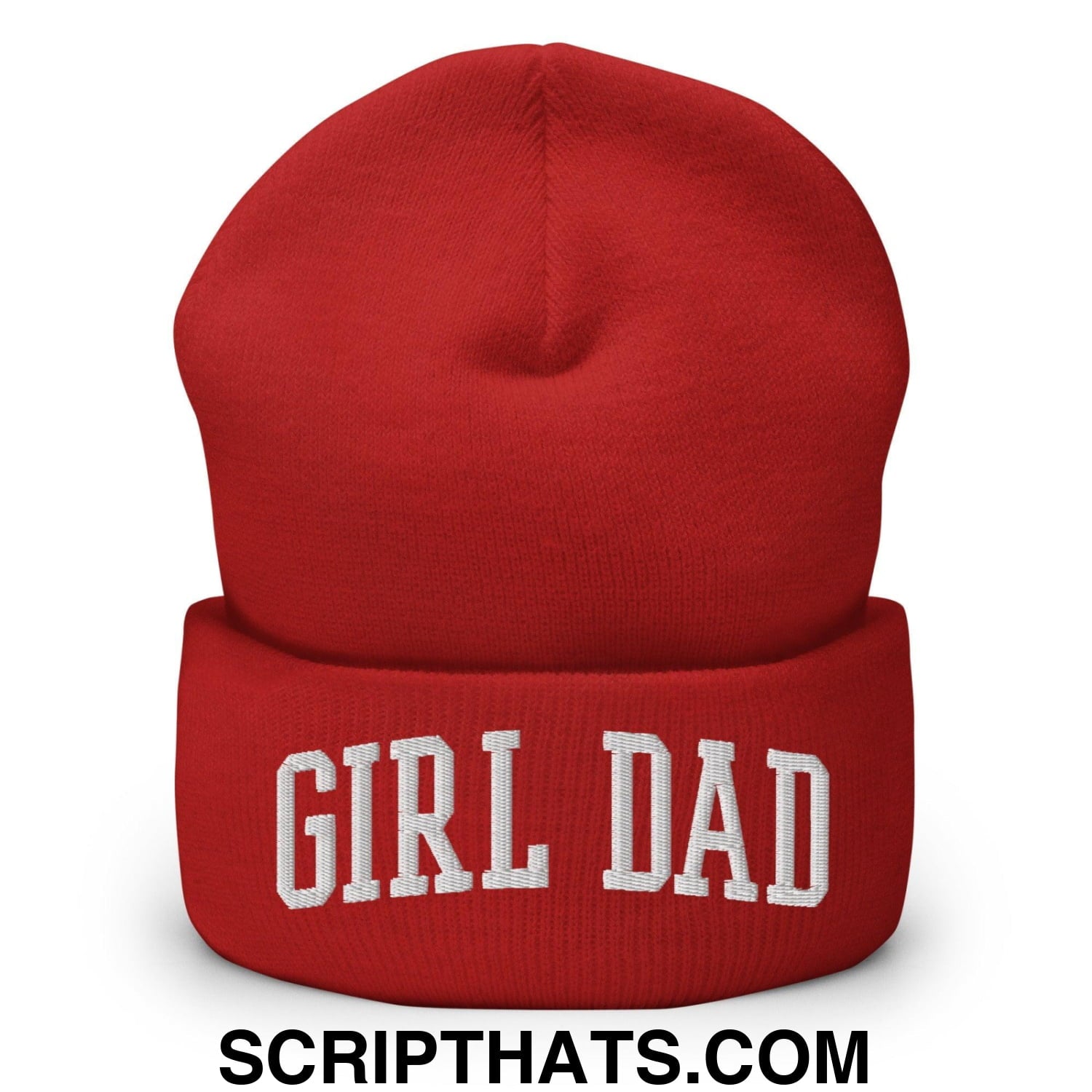 Girl Dad Varsity Letterman Block Embroidered Knit Cuffed Beanie Red