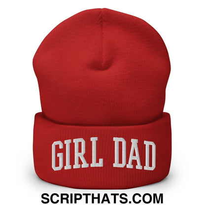Girl Dad Varsity Letterman Block Embroidered Knit Cuffed Beanie Red
