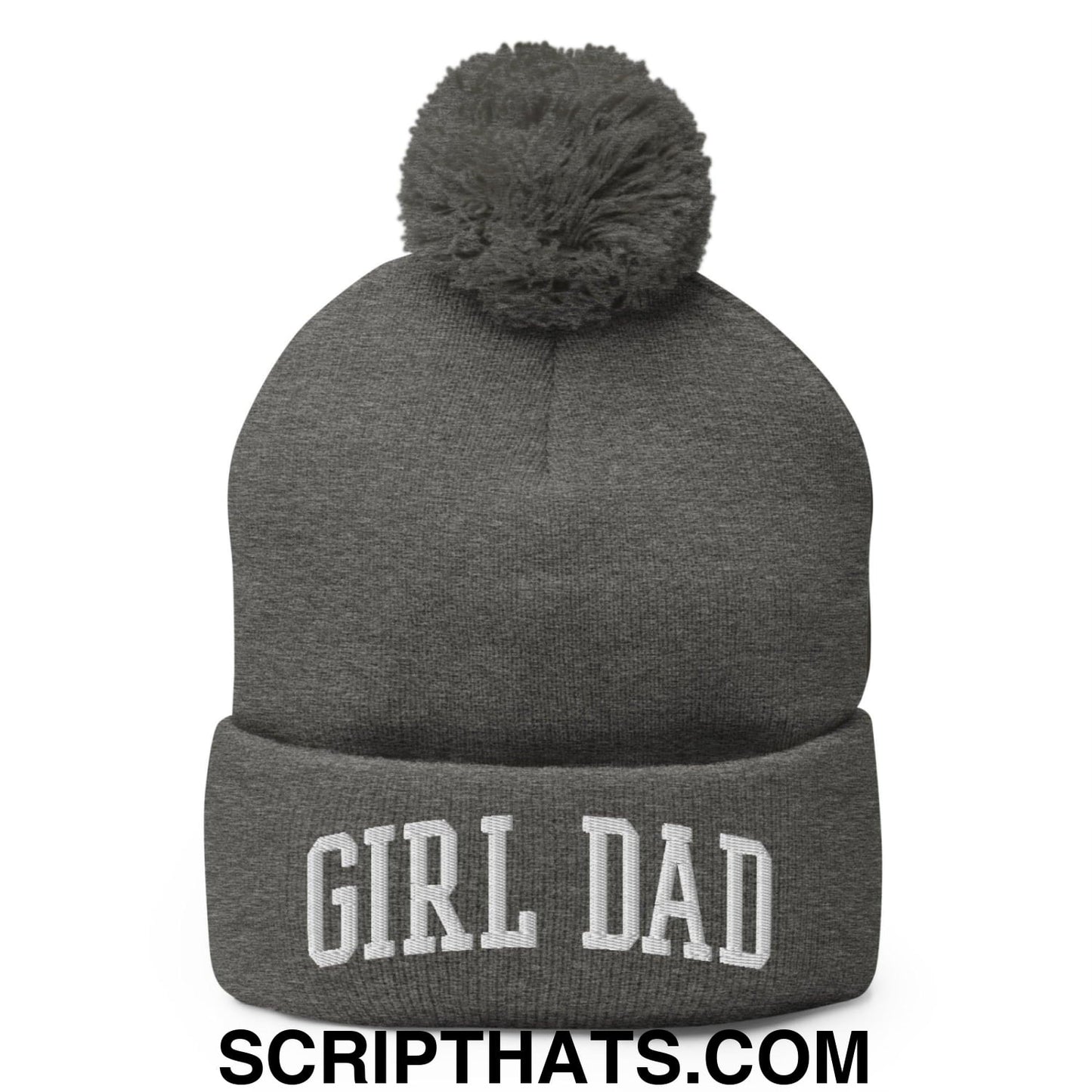 Girl Dad Varsity Letterman Block Embroidered Knit Pom Pom Beanie Dark Heather Grey