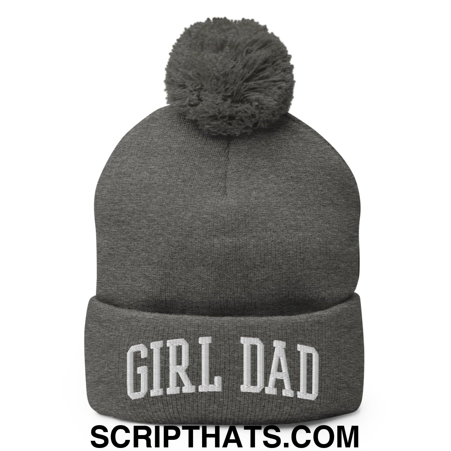 Girl Dad Varsity Letterman Block Embroidered Knit Pom Pom Beanie Dark Heather Grey