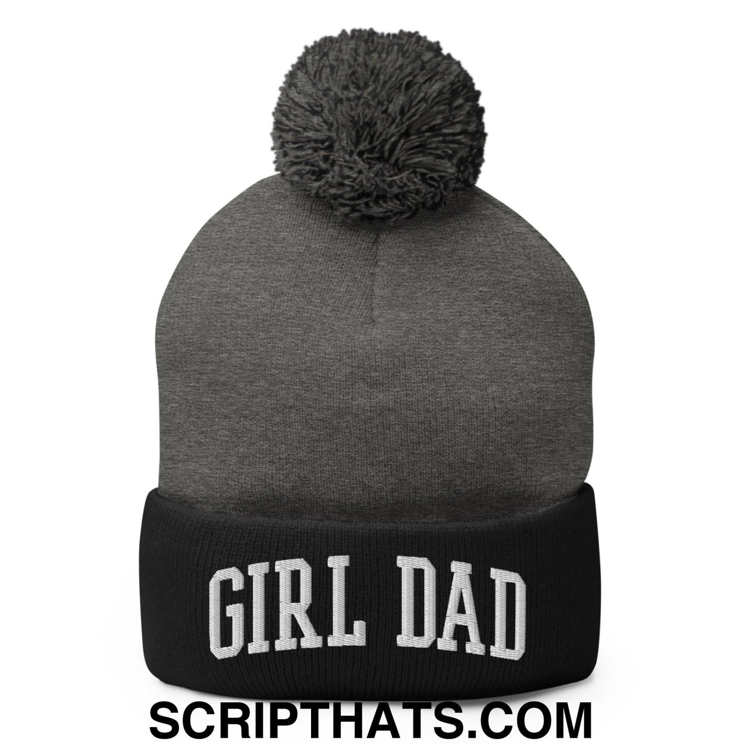 Girl Dad Varsity Letterman Block Embroidered Knit Pom Pom Beanie Dark Heather Grey Black