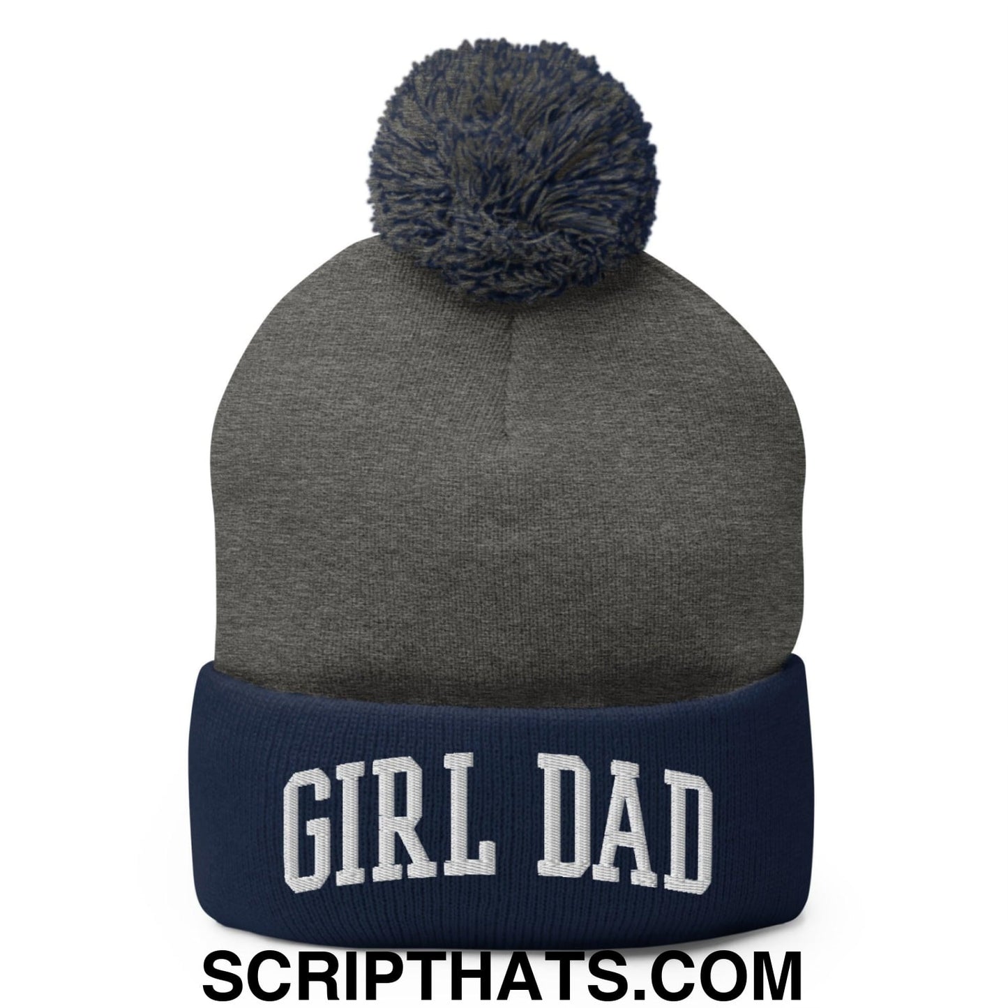 Girl Dad Varsity Letterman Block Embroidered Knit Pom Pom Beanie Dark Heather Grey Navy