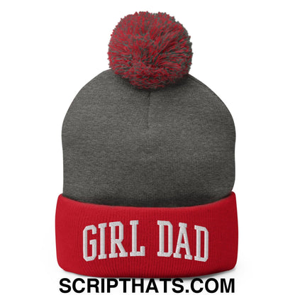 Girl Dad Varsity Letterman Block Embroidered Knit Pom Pom Beanie Dark Heather Grey Red