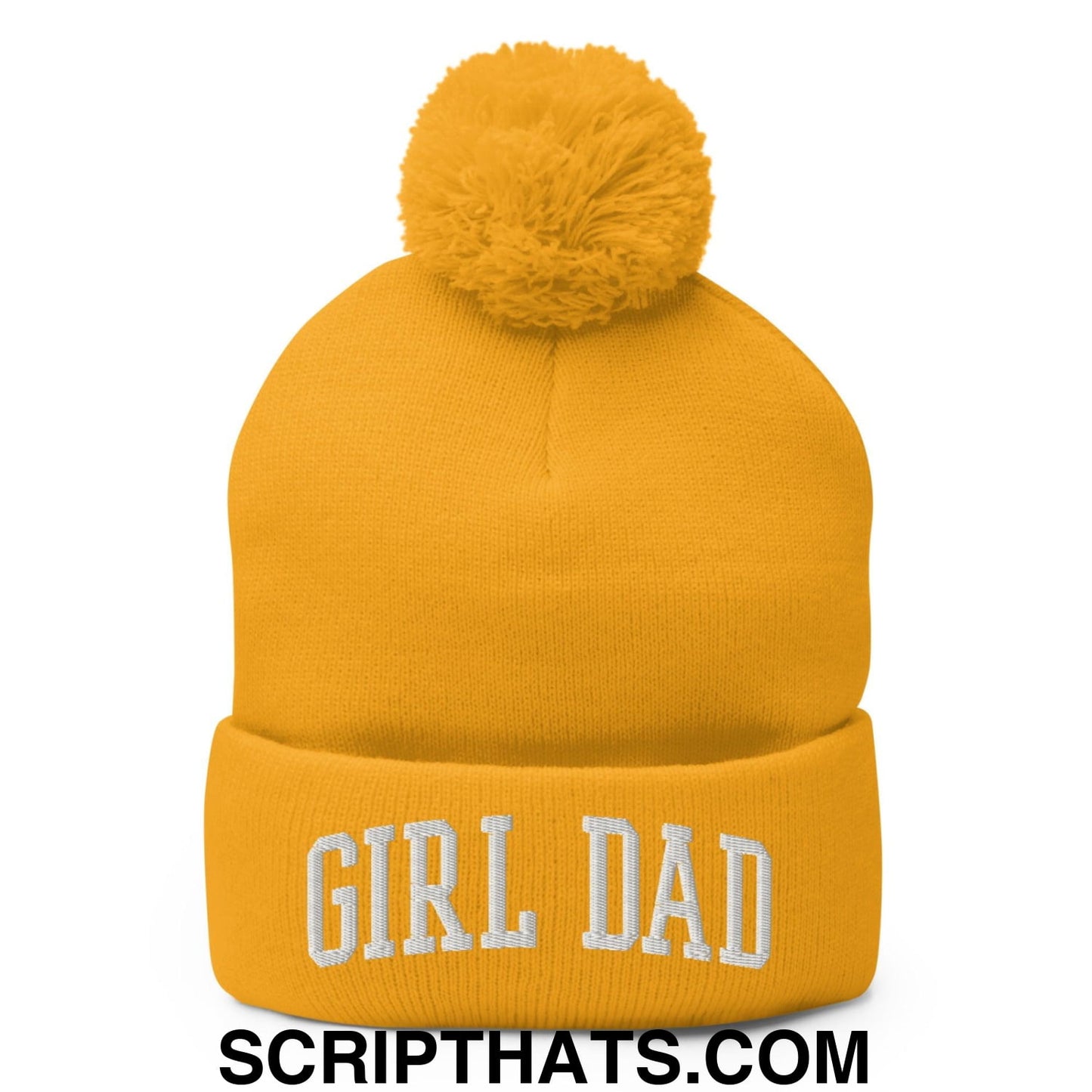 Girl Dad Varsity Letterman Block Embroidered Knit Pom Pom Beanie Gold