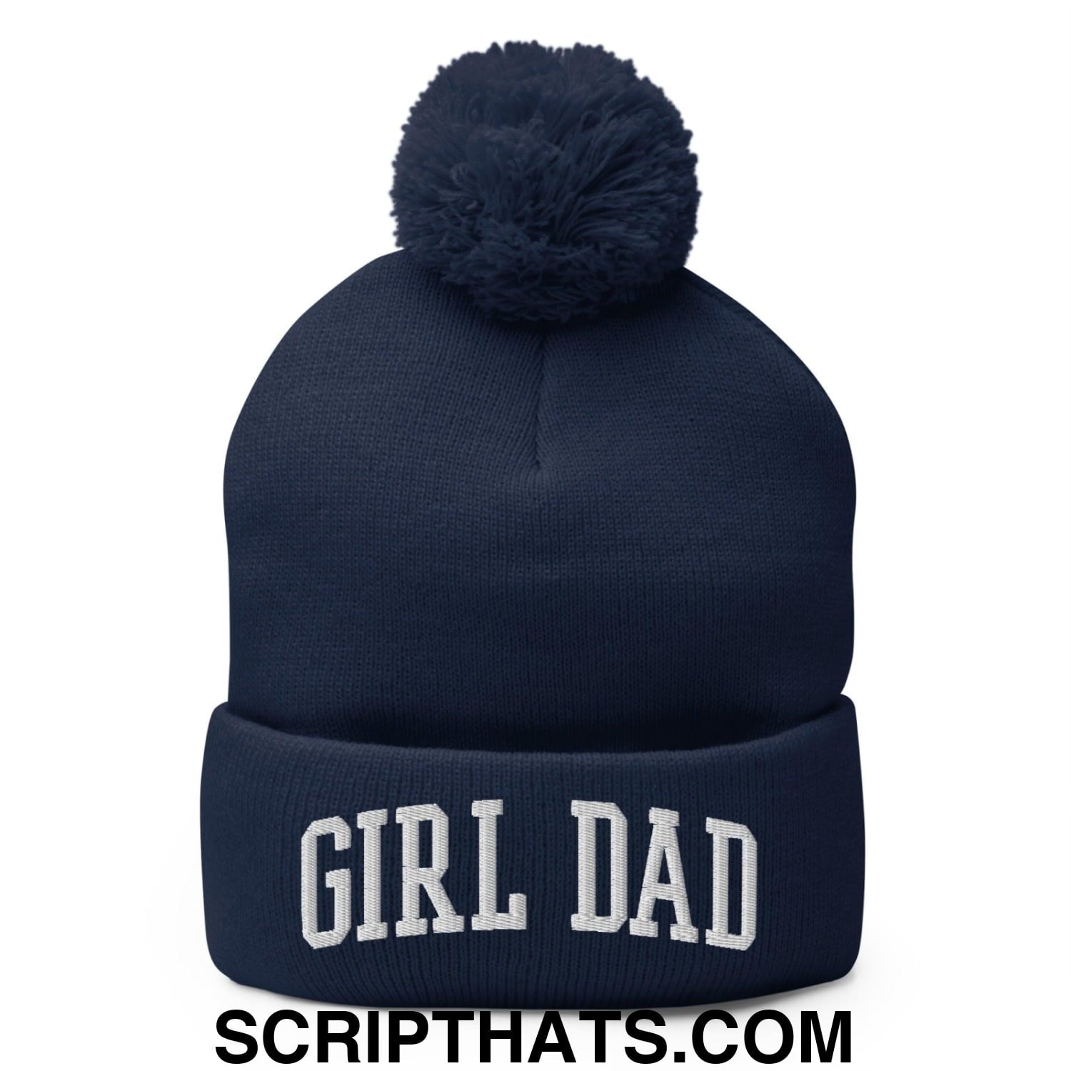 Girl Dad Varsity Letterman Block Embroidered Knit Pom Pom Beanie Navy