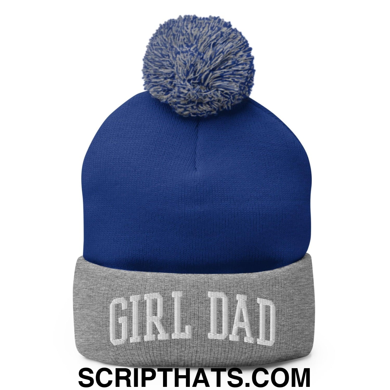 Girl Dad Varsity Letterman Block Embroidered Knit Pom Pom Beanie Royal Heather Grey