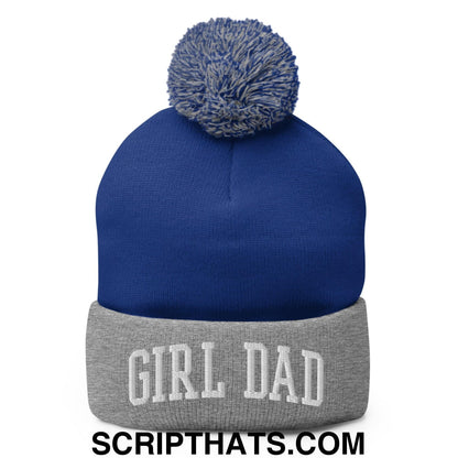 Girl Dad Varsity Letterman Block Embroidered Knit Pom Pom Beanie Royal Heather Grey