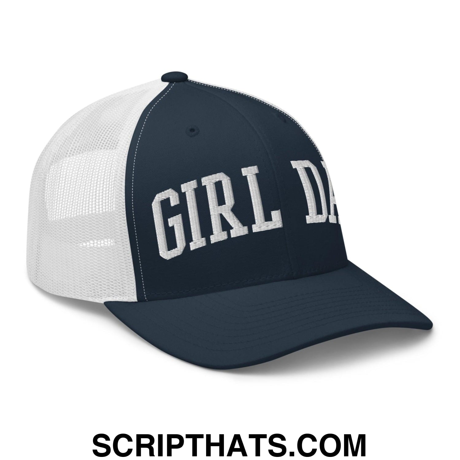 Girl Dad Varsity Letterman Embroidered Mesh Trucker Hat Navy White