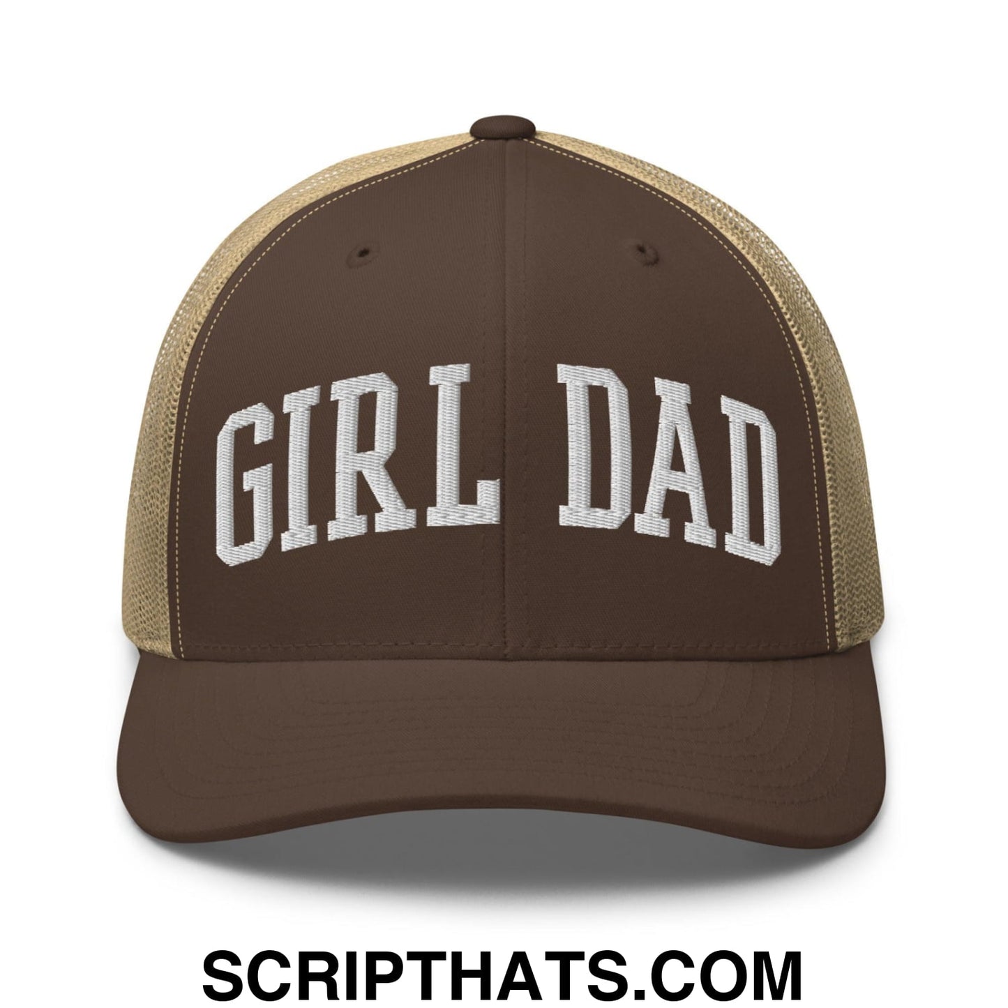 Girl Dad Varsity Letterman Embroidered Mesh Trucker Hat Brown Khaki