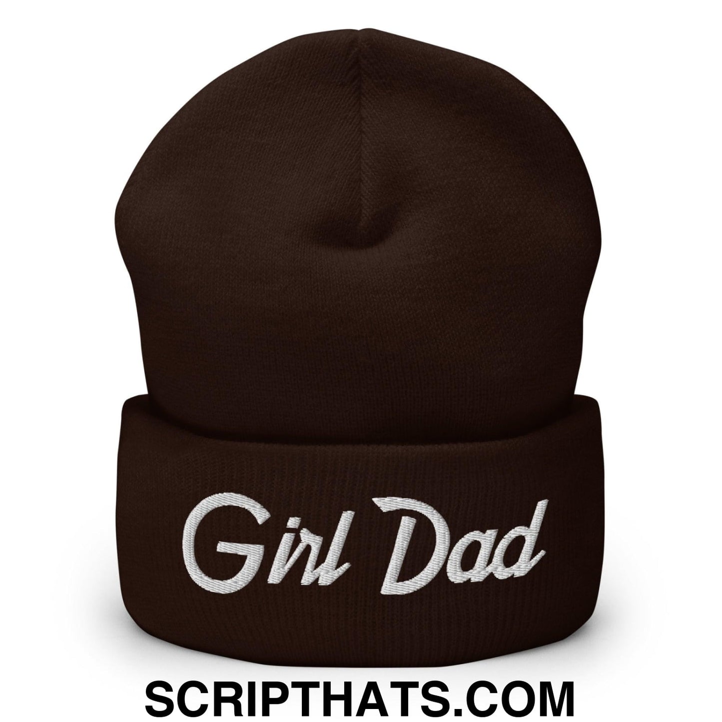 Girl Dad Vintage Sports Script Embroidered Knit Cuffed Beanie Brown