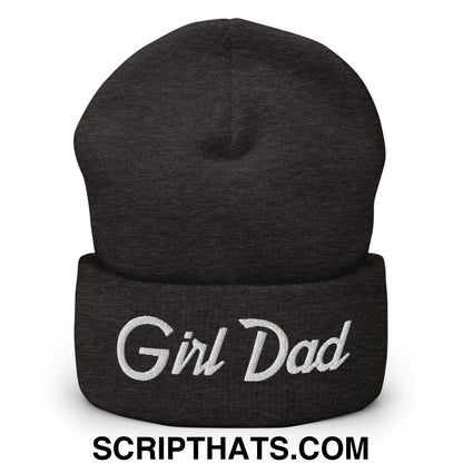 Girl Dad Vintage Sports Script Embroidered Knit Cuffed Beanie Dark Grey