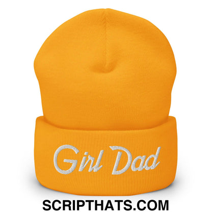 Girl Dad Vintage Sports Script Embroidered Knit Cuffed Beanie Gold