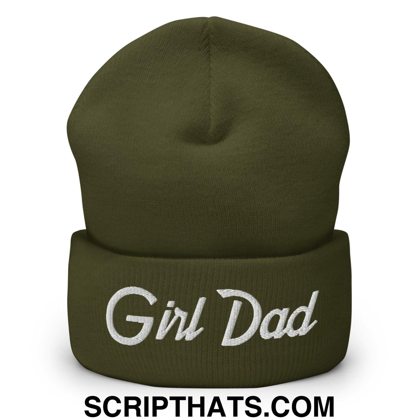 Girl Dad Vintage Sports Script Embroidered Knit Cuffed Beanie Olive