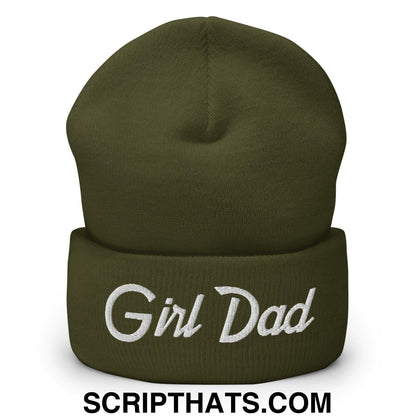 Girl Dad Vintage Sports Script Embroidered Knit Cuffed Beanie Olive