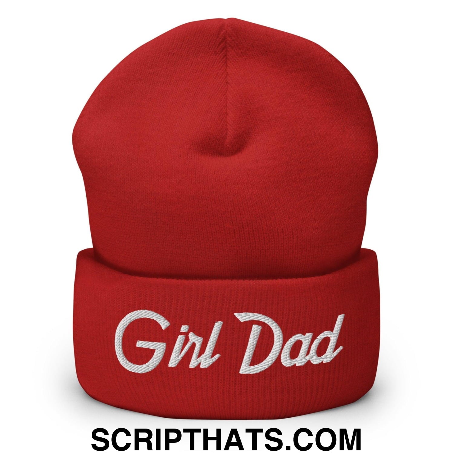 Girl Dad Vintage Sports Script Embroidered Knit Cuffed Beanie Red