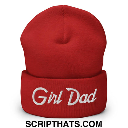 Girl Dad Vintage Sports Script Embroidered Knit Cuffed Beanie Red