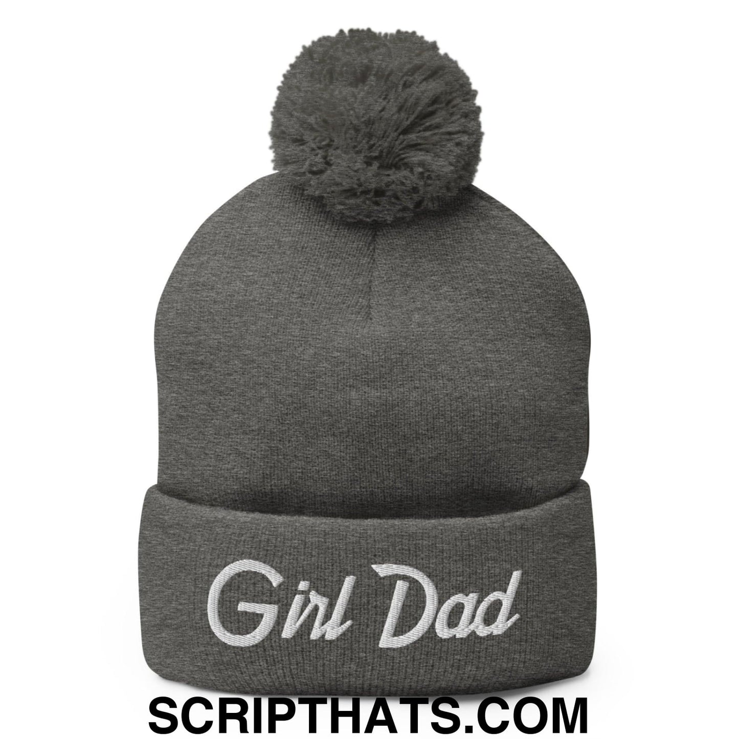 Girl Dad Vintage Sports Script Embroidered Knit Pom Pom Beanie Dark Heather Grey