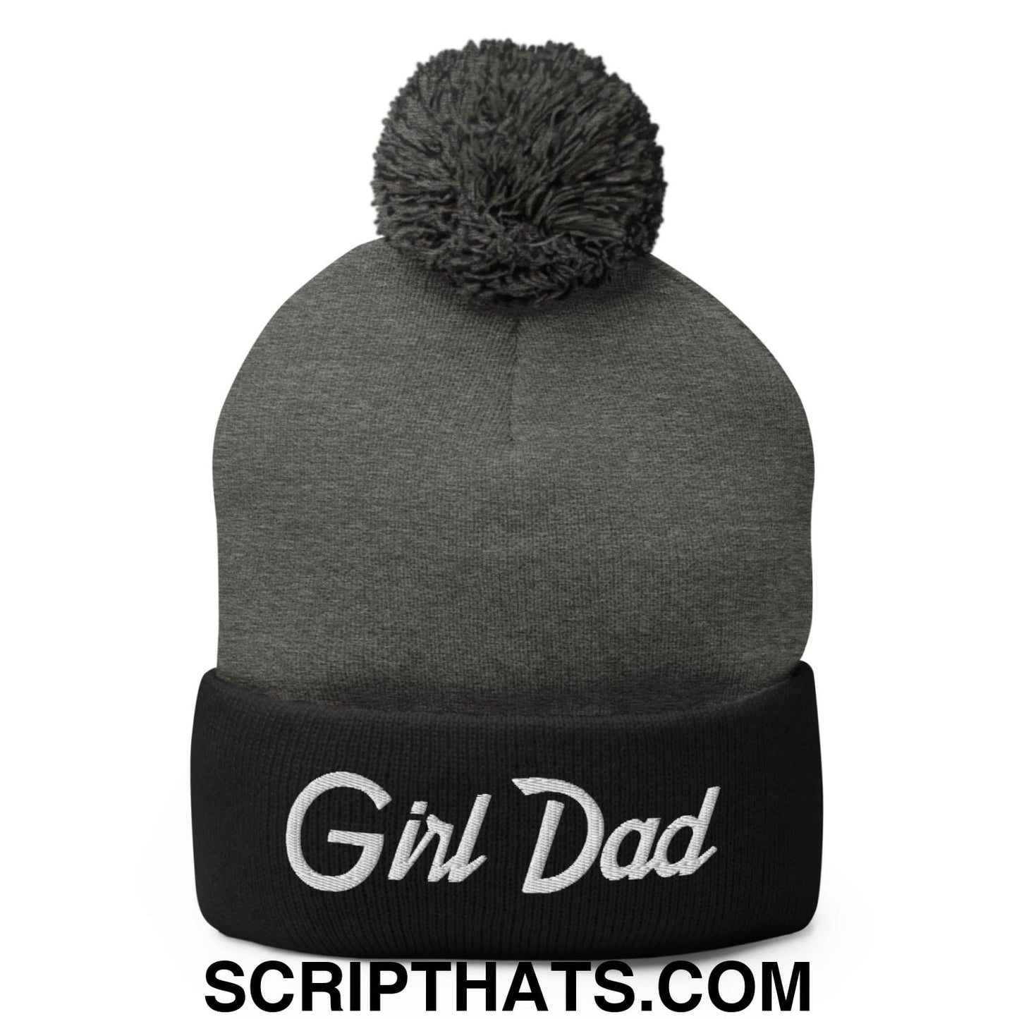 Girl Dad Vintage Sports Script Embroidered Knit Pom Pom Beanie Dark Heather Grey Black