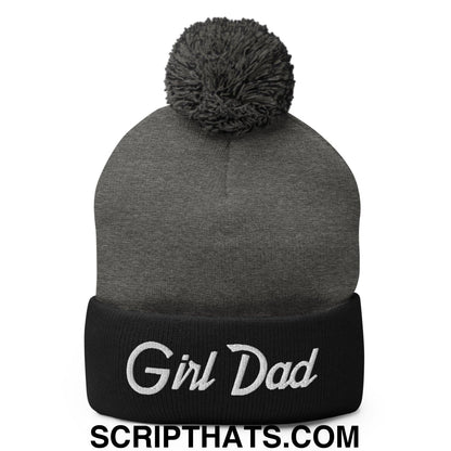 Girl Dad Vintage Sports Script Embroidered Knit Pom Pom Beanie Dark Heather Grey Black
