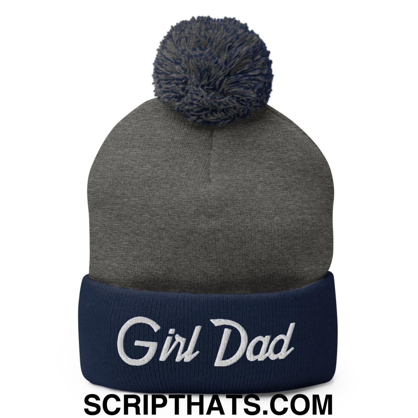 Girl Dad Vintage Sports Script Embroidered Knit Pom Pom Beanie Dark Heather Grey Navy