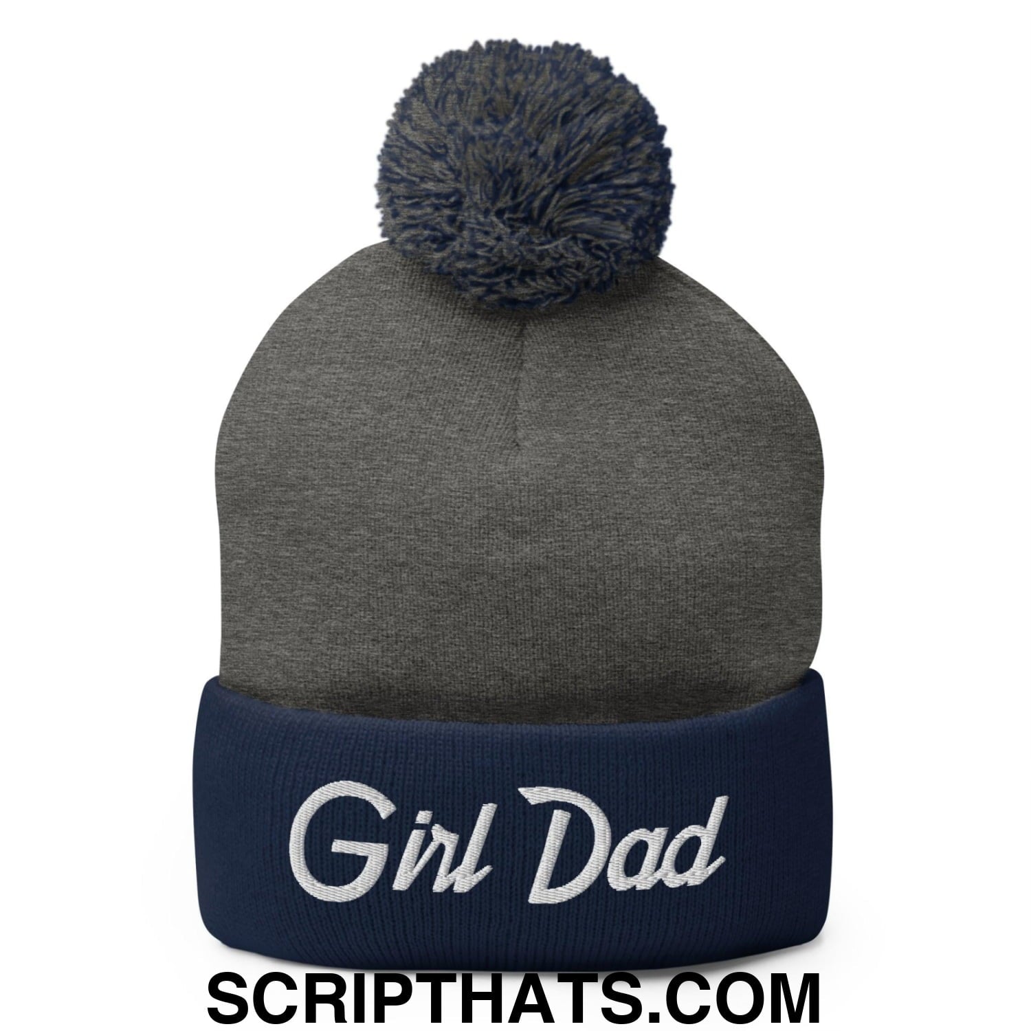 Girl Dad Vintage Sports Script Embroidered Knit Pom Pom Beanie Dark Heather Grey Navy