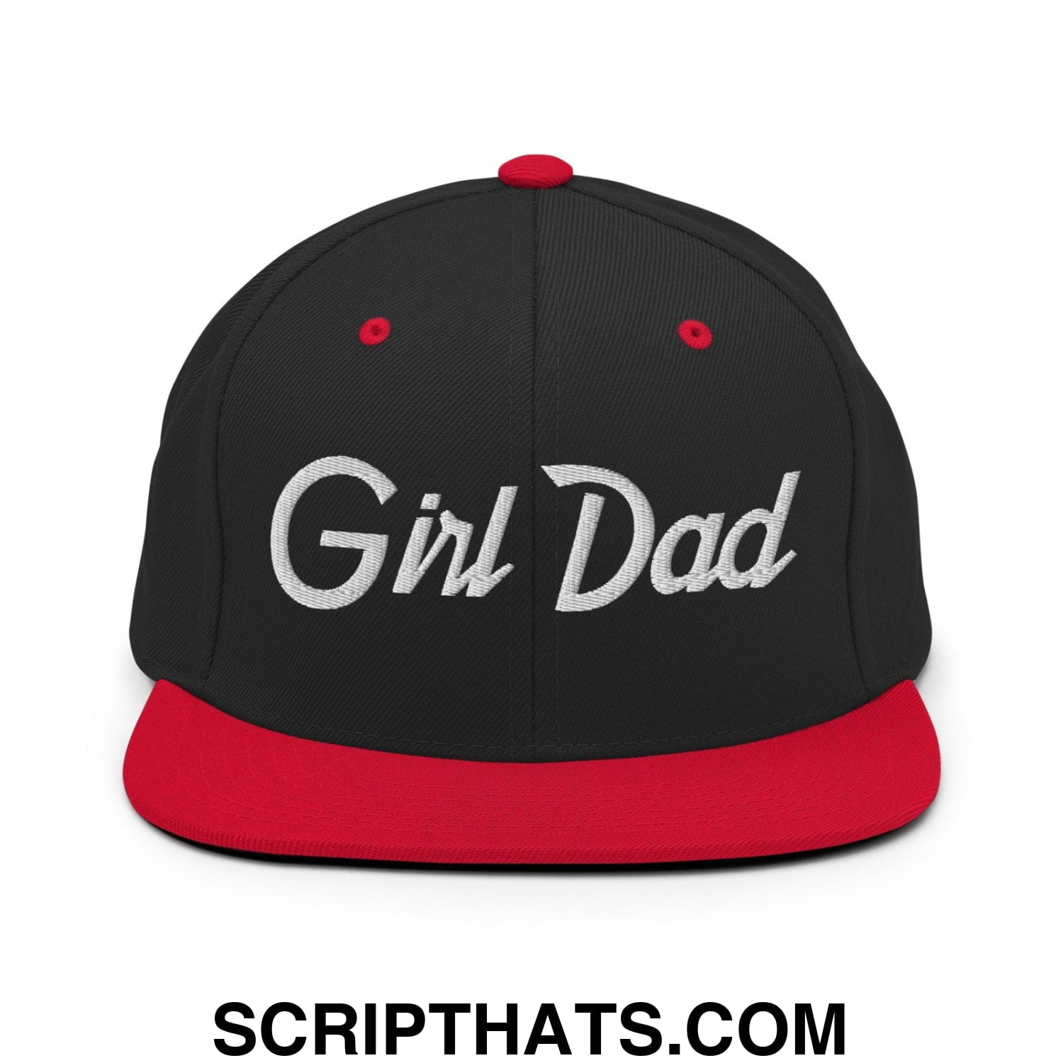 Girl Dad Vintage Sports Script Flat Bill Brim Snapback Hat Black Red