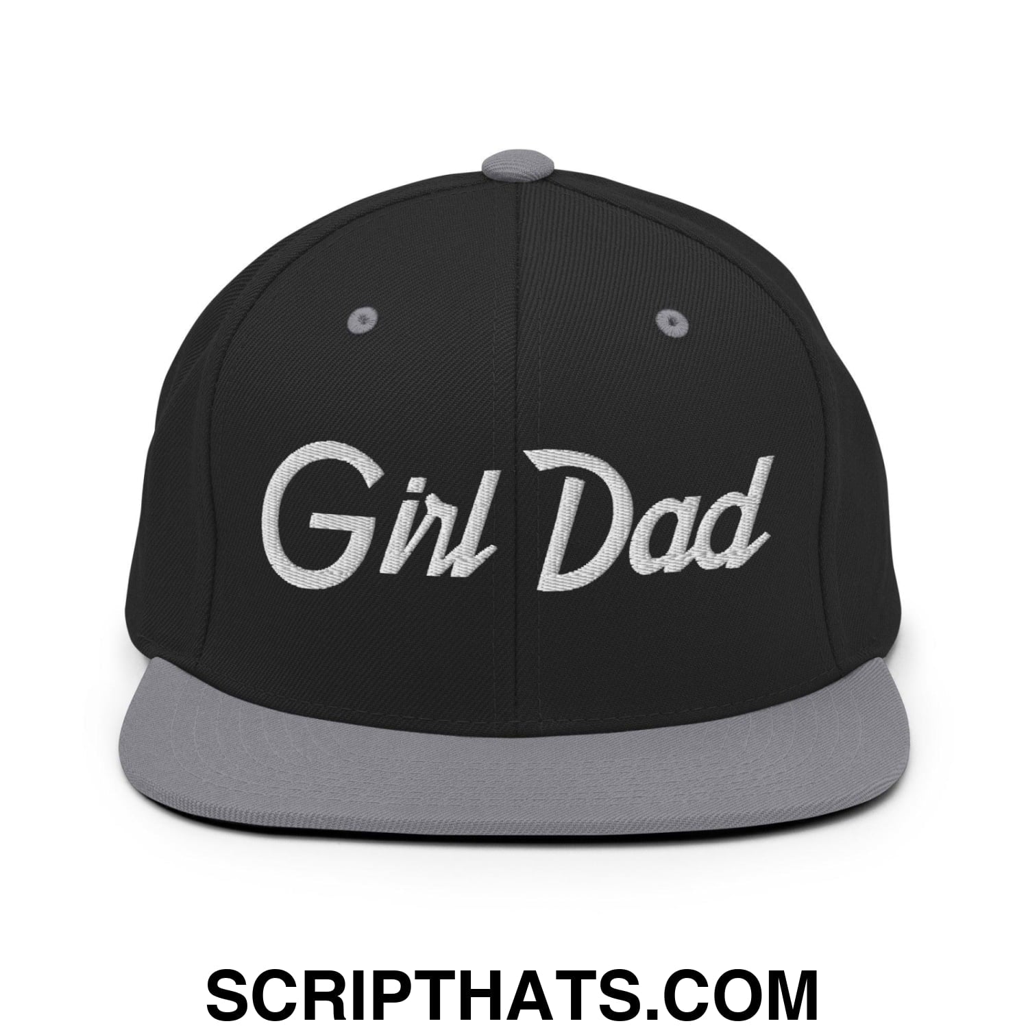 Girl Dad Vintage Sports Script Flat Bill Brim Snapback Hat Black Silver