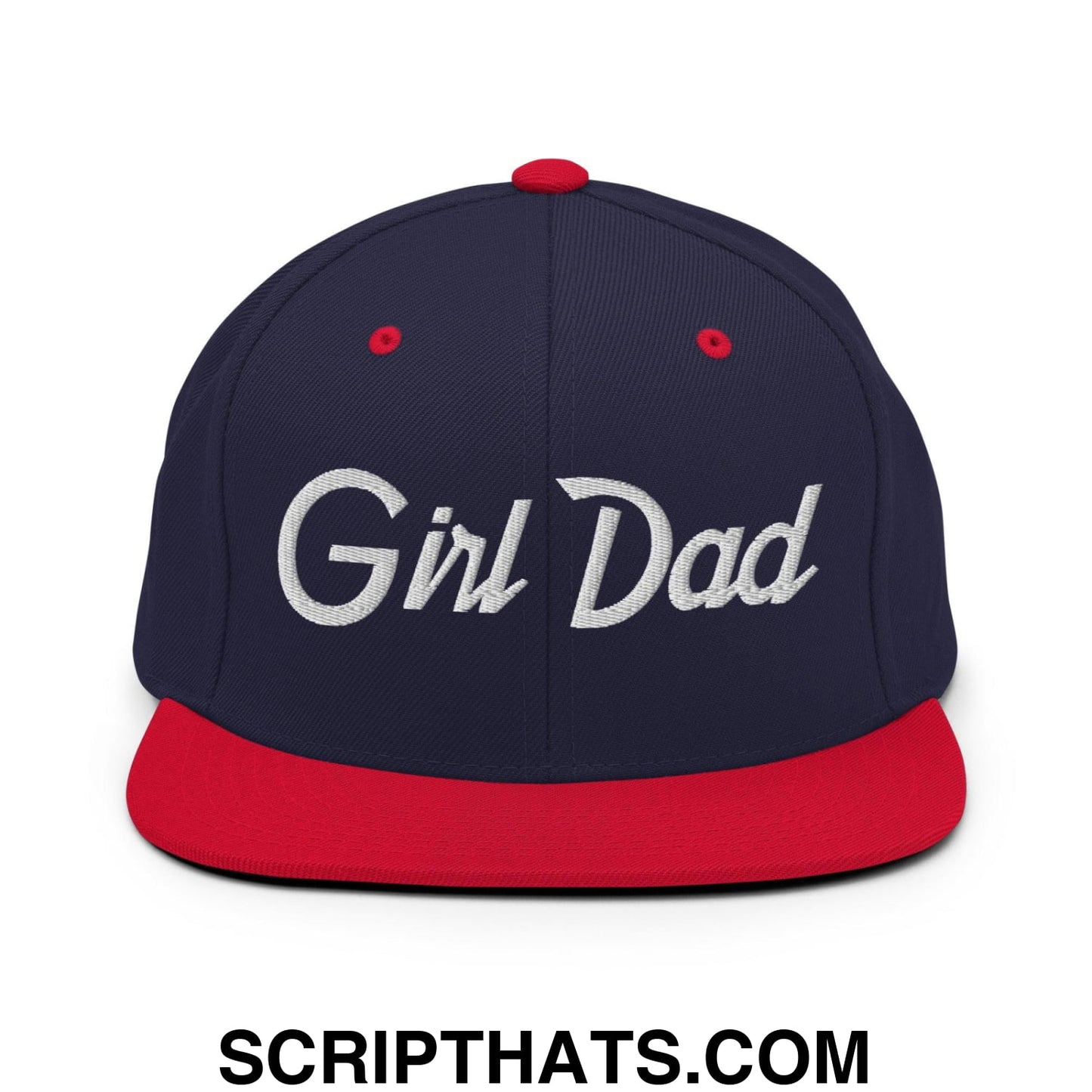 Girl Dad Vintage Sports Script Flat Bill Brim Snapback Hat Navy Red