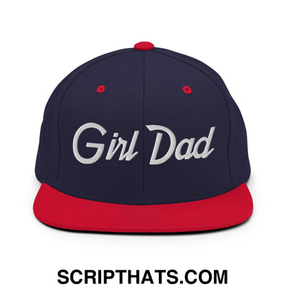 Girl Dad Vintage Sports Script Flat Bill Brim Snapback Hat Navy Red