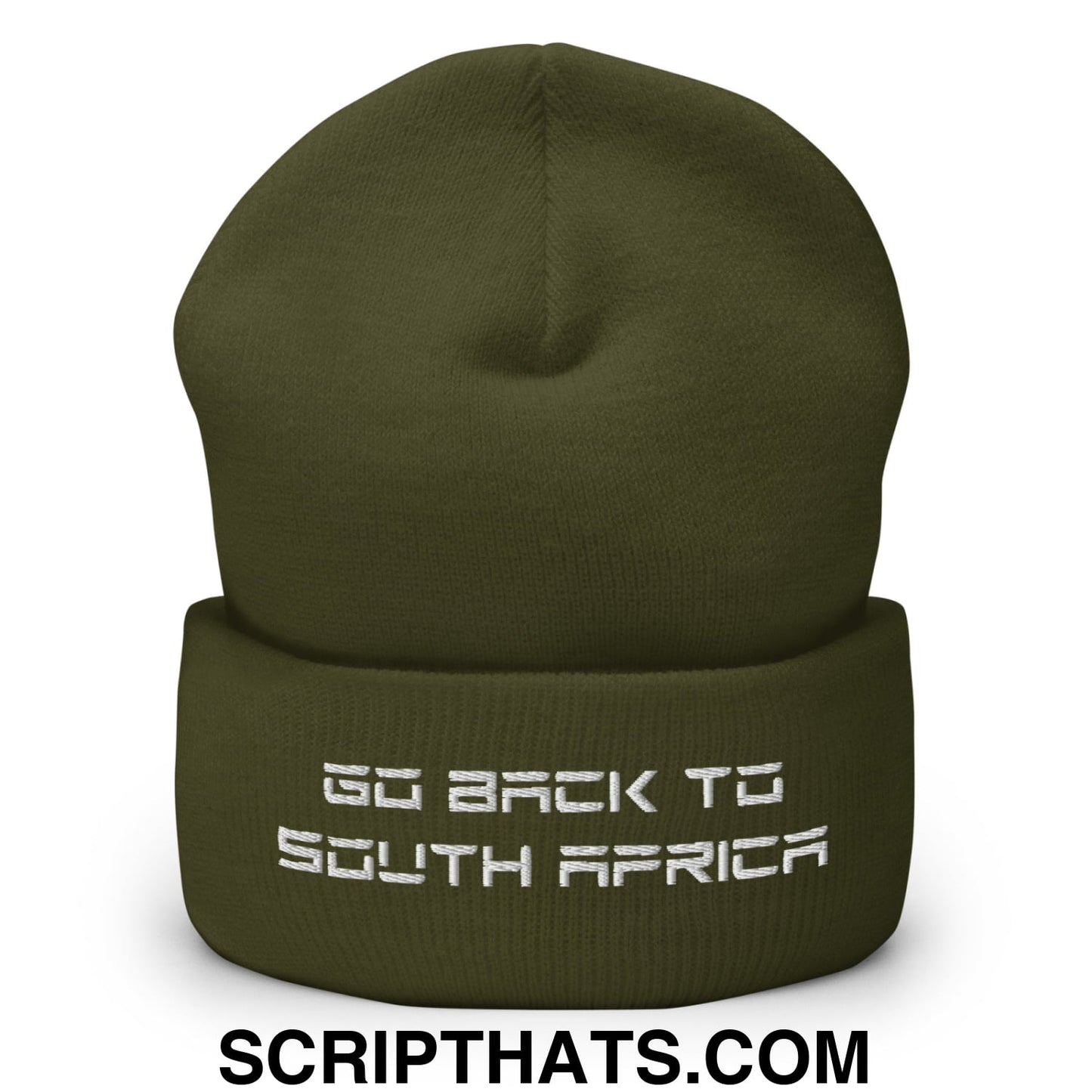 Go Back to South Africa Elon Musk Embroidered Cuffed Knit Beanie Olive